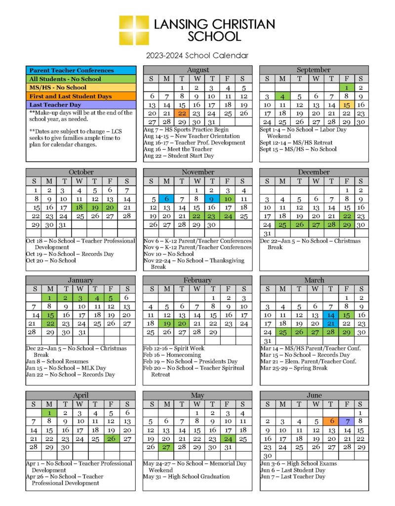 2023 24 One page calendar Lansing Christian School